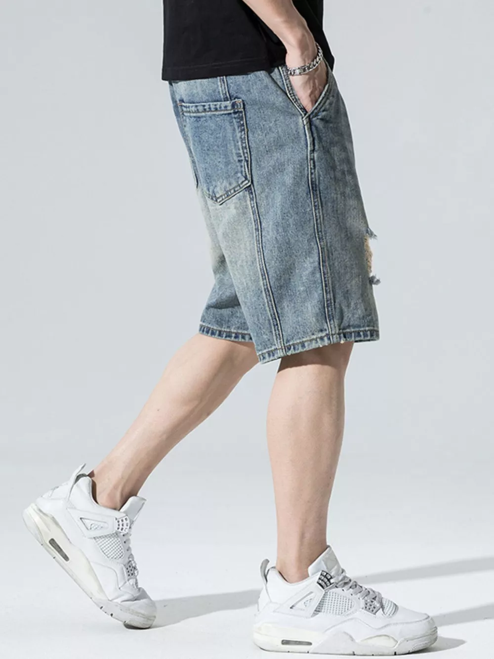 Men's Distressed Wide Leg Denim Shorts, image 4