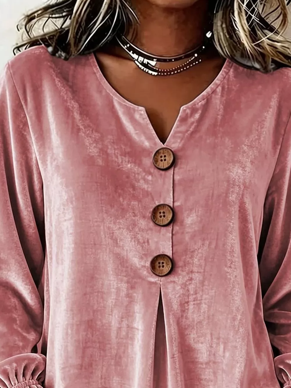 Full Size Velvet Button Decor Blouse with Ruffled Cuffs Plus Size, image 2