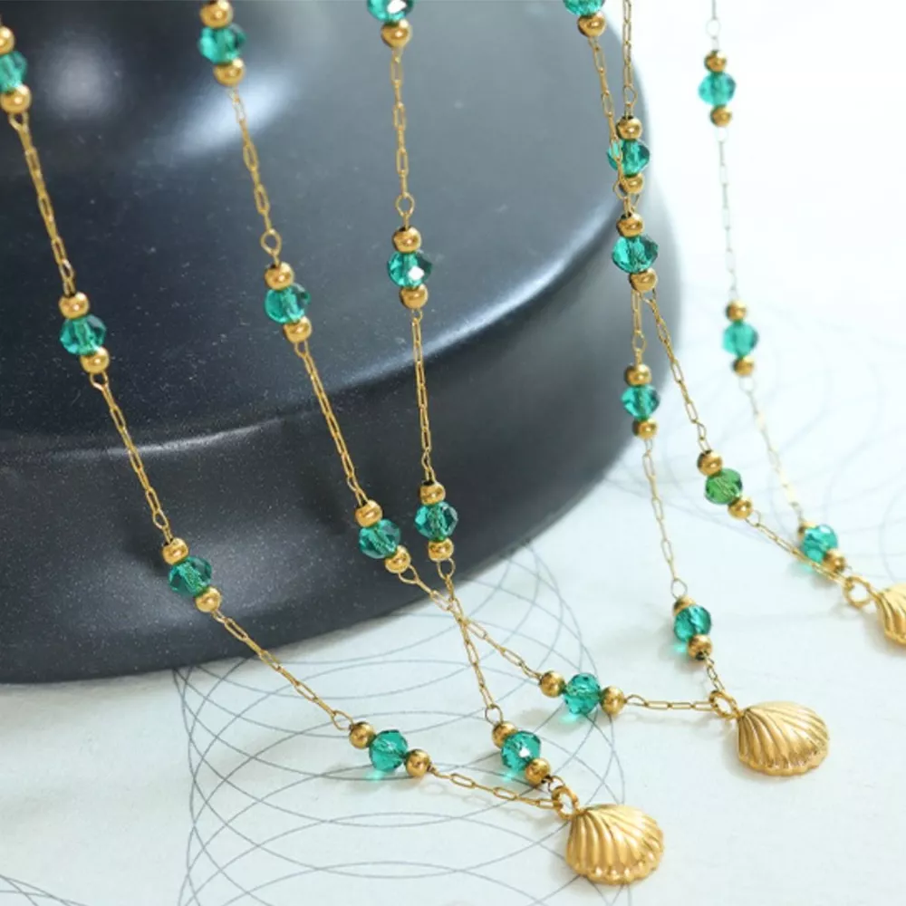 18K Gold-Plated Titanium Steel Crystal Bead Pendant Necklace, image 6