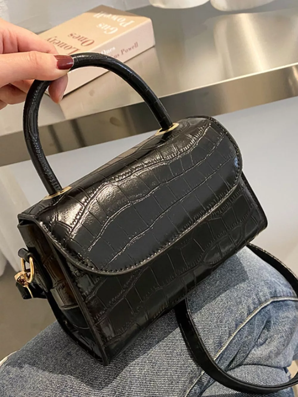 Crocodile Pattern Top Handle Crossbody Bag, image 8