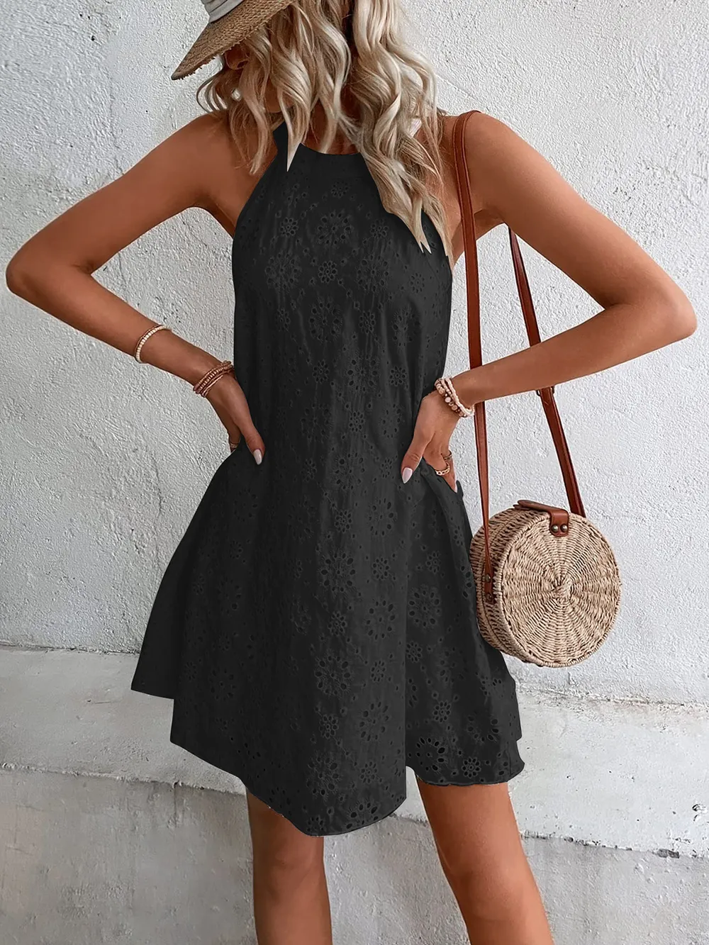 Eyelet Grecian Neck Mini Dress, image 7