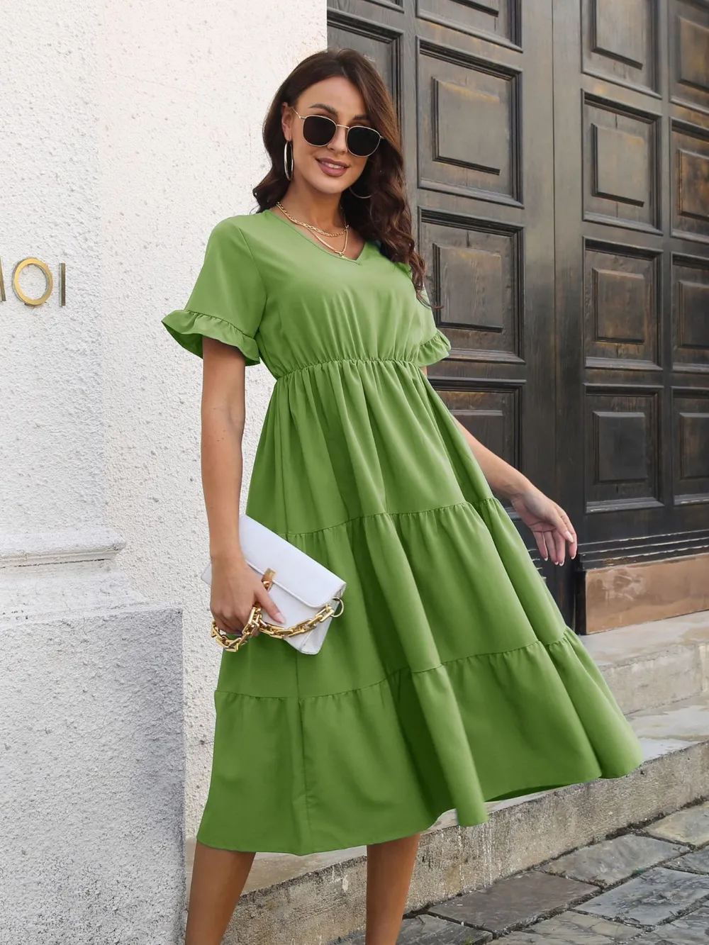 V-Neck Short Sleeve Midi Dress, image 10