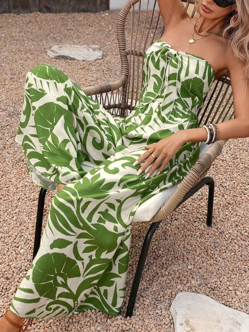 Tropical Print Tie Front Strapless Wide Leg Jumpsuit, image 5