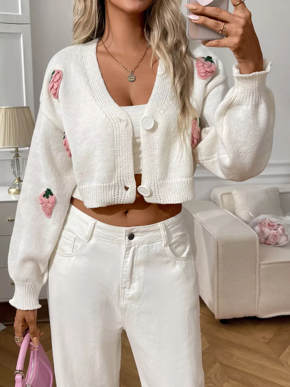 Strawberry Cropped Button-Up Cardigan, image 15