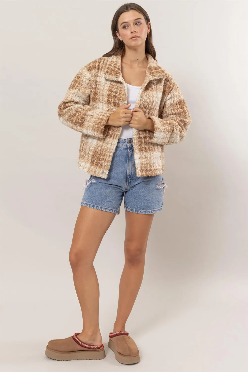 Plaid Collared Neck Boucle Jacket with Pockets, image 5
