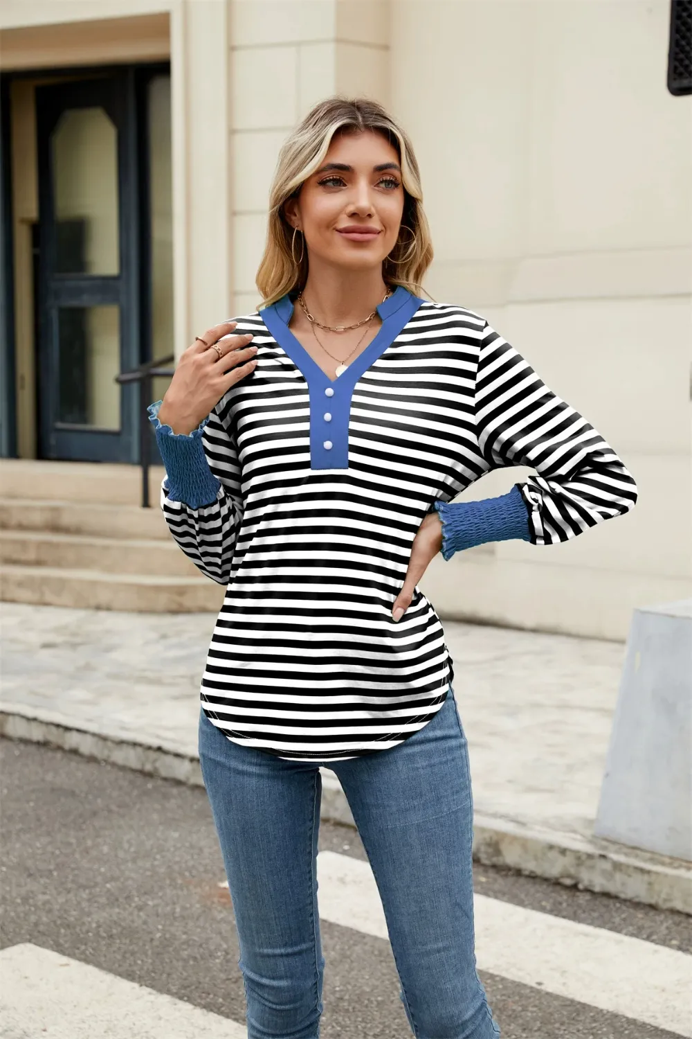 Contrast Striped Notched Long Sleeve Top, image 14