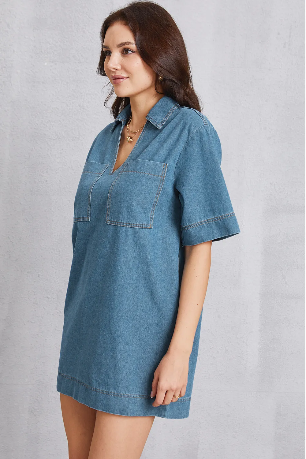 Pocketed Collared Neck Mini Denim Dress, image 4