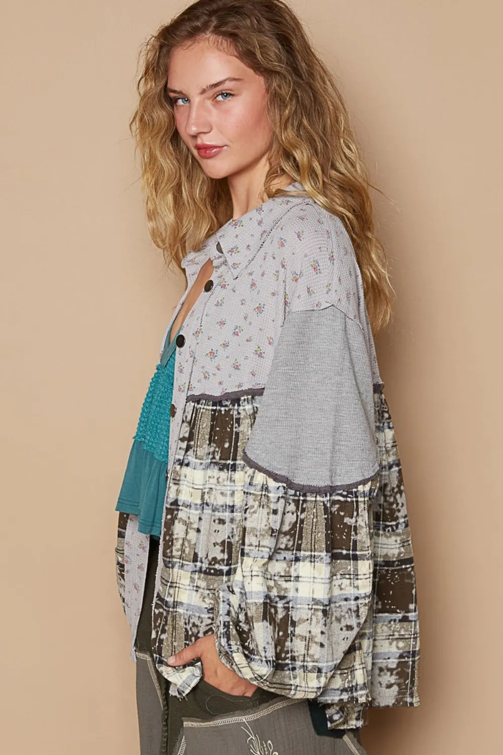 Balloon Sleeve Floral Color Block Plaid Shirt, image 3