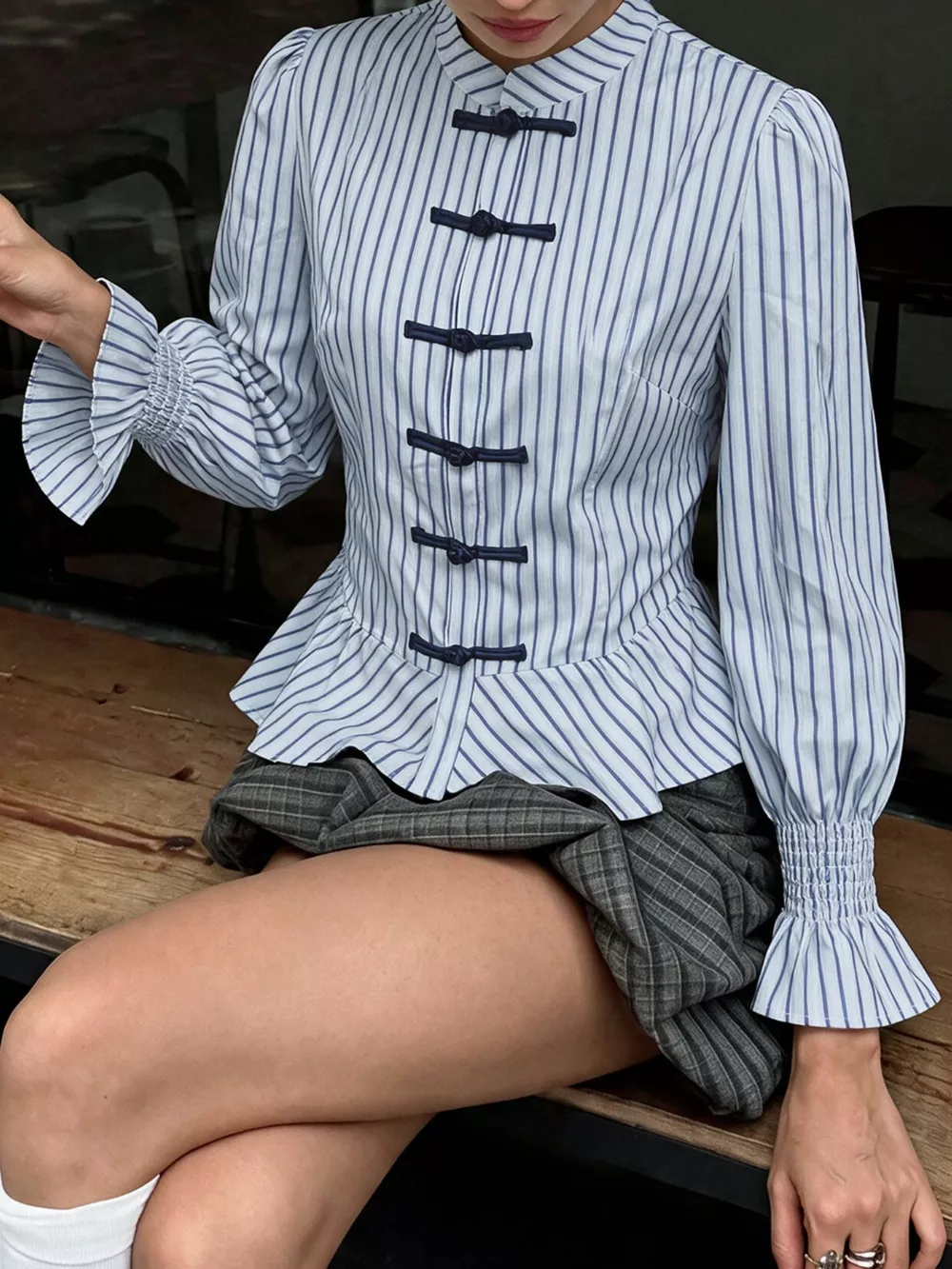 Striped Mandarin Knot Buttons Peplum Hem Shirt, image 4