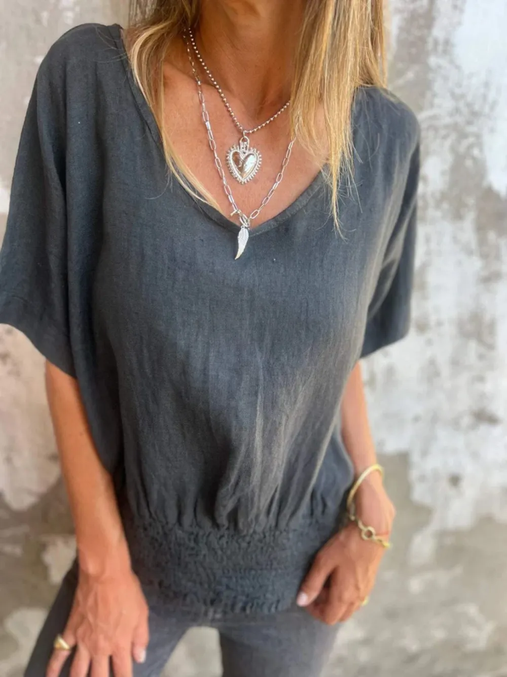 Full Size Smocked Hem V-Neck Relaxed Fit T-Shirt Plus Size, image 5