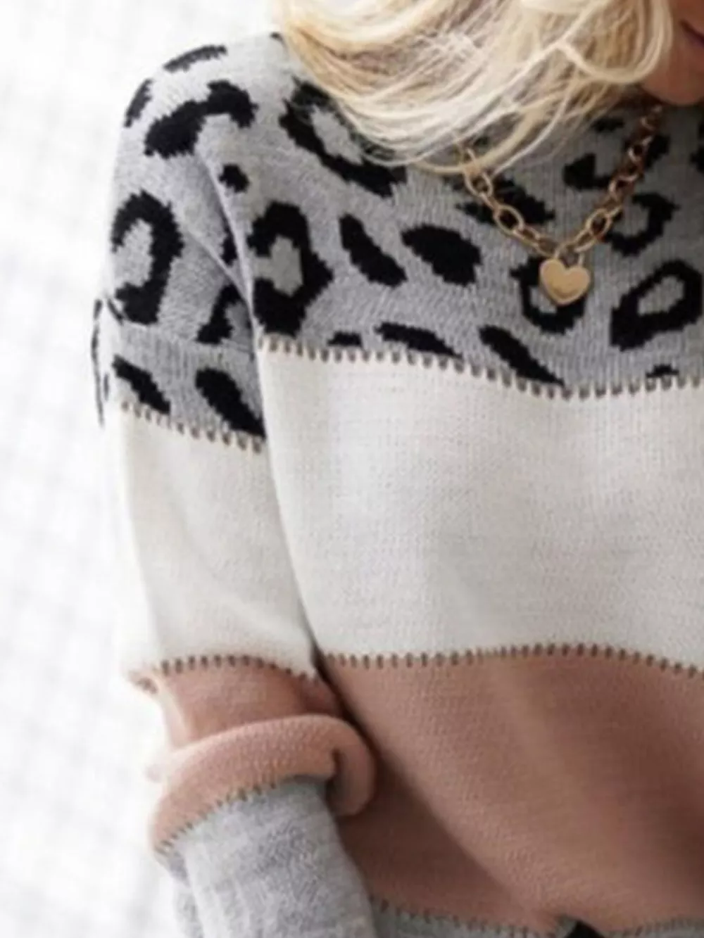 Full Size Leopard Color Block Long Sleeve Sweater Plus Size, image 4