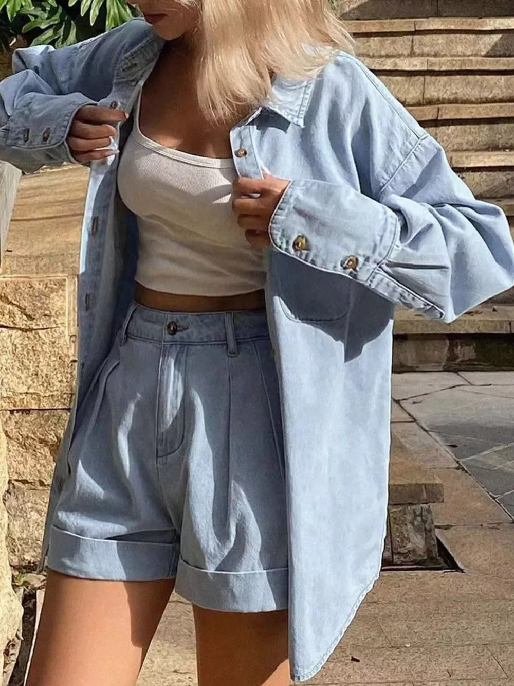 Button Up Long Sleeve Shirt and Shorts Denim Set, image 3