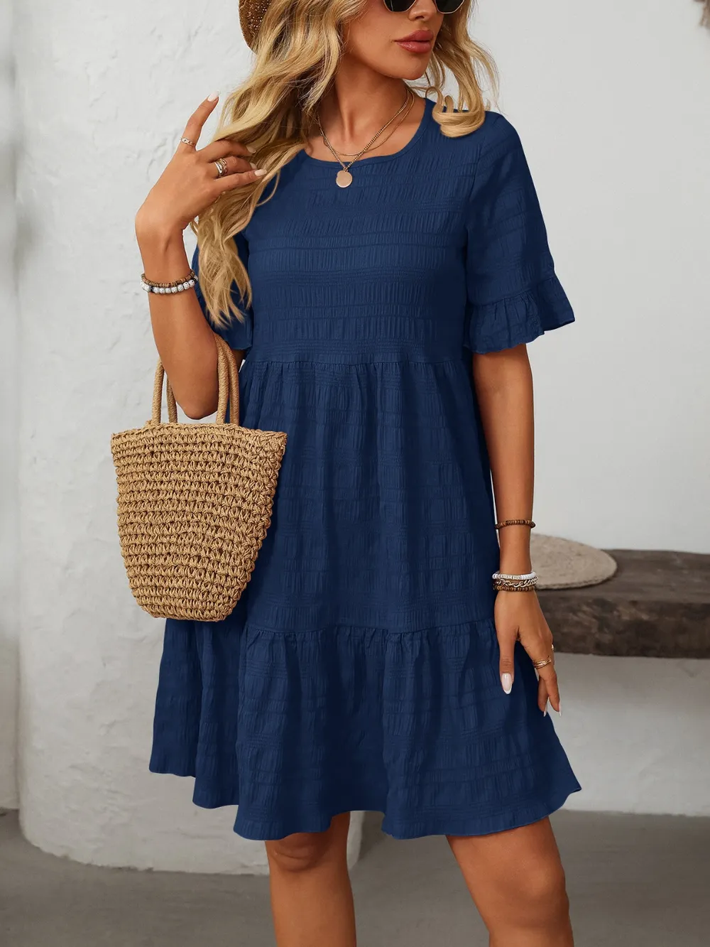 Ruffled Ruched Round Neck Half Sleeve Dress, image 18