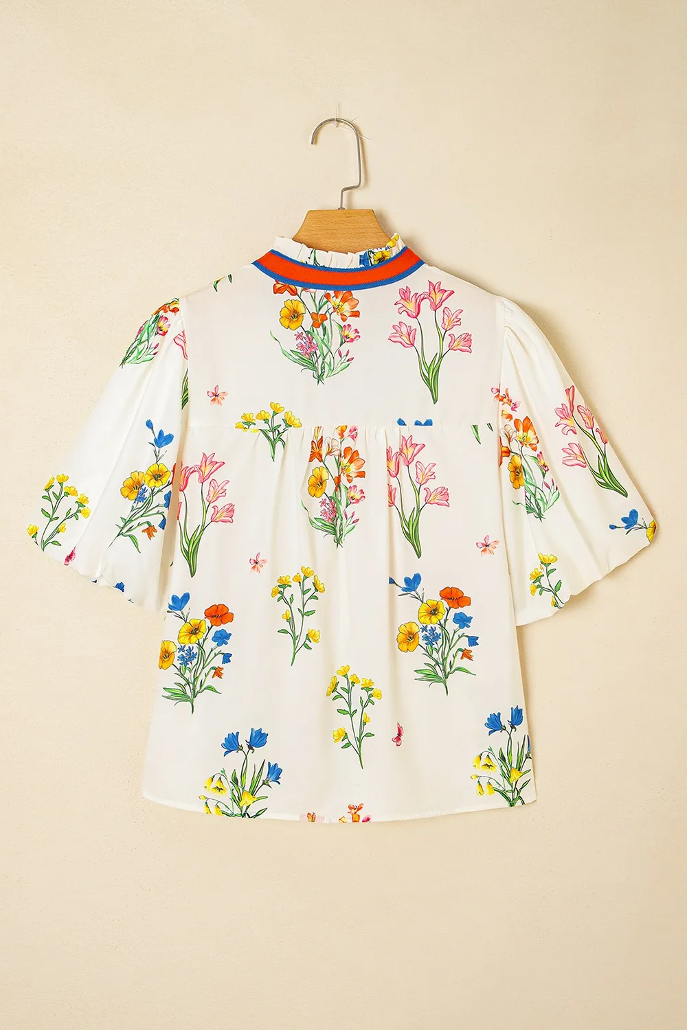 Floral Short Puff Sleeve Notched Blouse, image 5