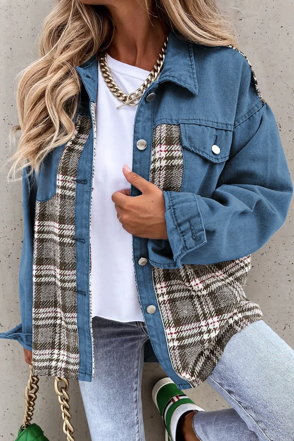 Plaid Pocketed Button Up Denim Jacket, image 11