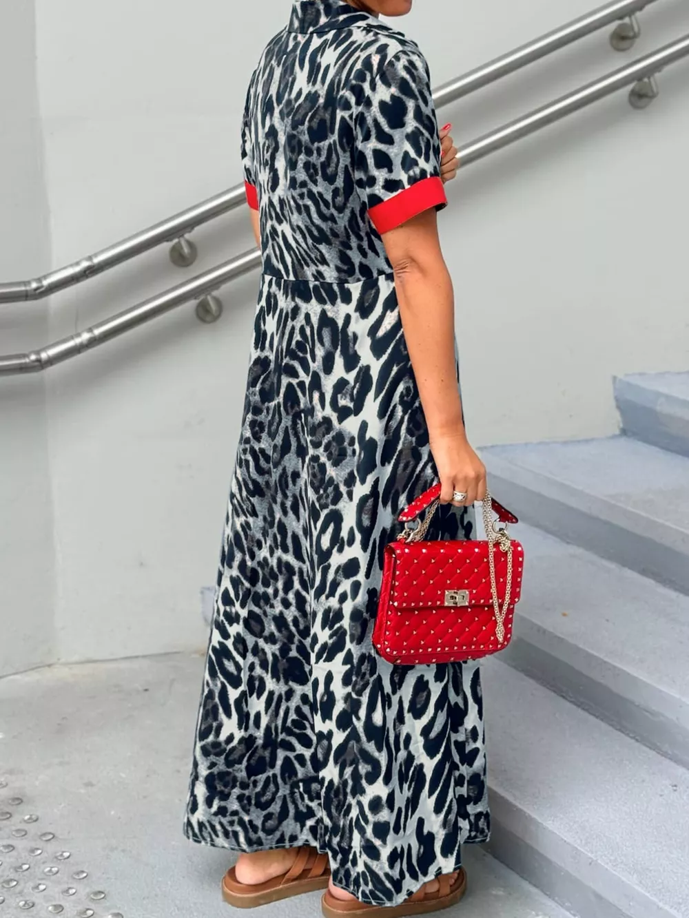 Leopard Print Button-Down Dress with Contrast Trim