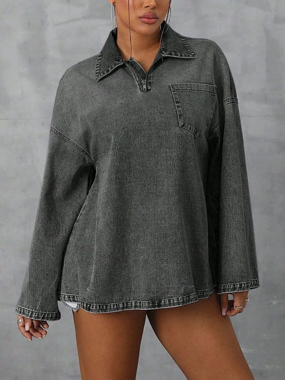 Collared Neck Drop Shoulder Denim Top, image 2