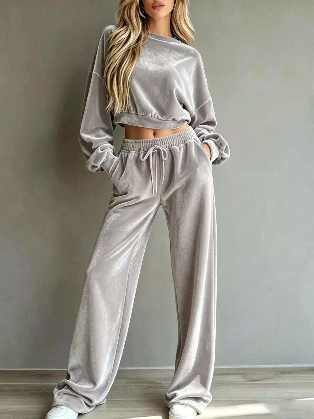 Full Size Cropped Sweatshirt and Wide-Leg Pants Set Plus Size, image 5