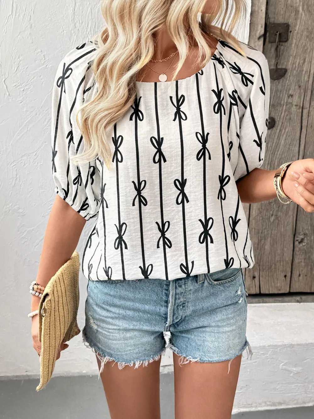 Bow Print Puff Sleeve Casual Blouse, image 5