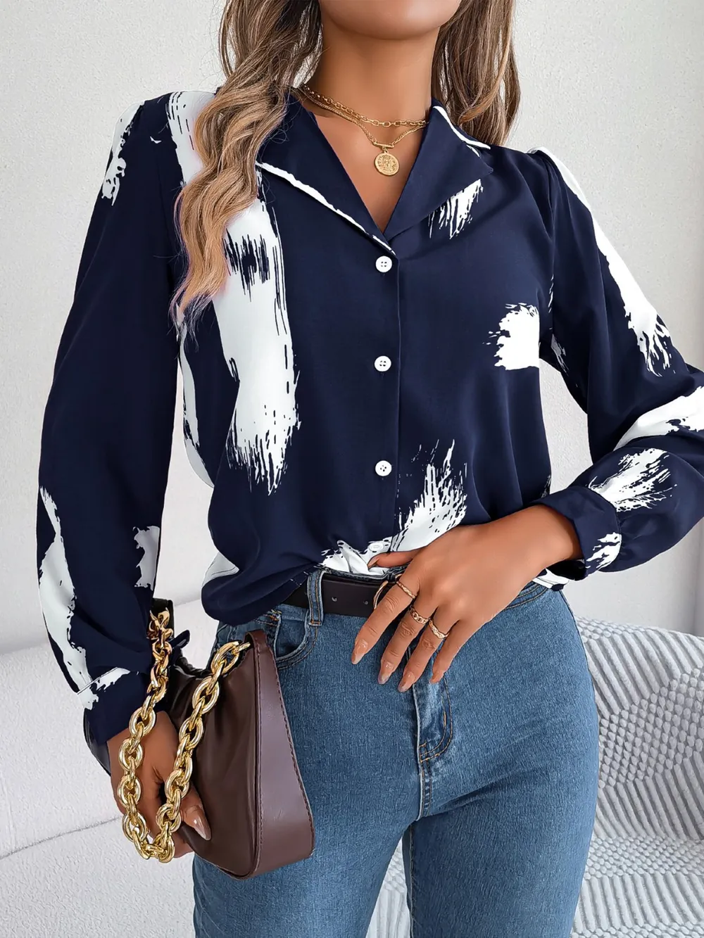 Printed Collared Neck Button Up Shirt, image 4