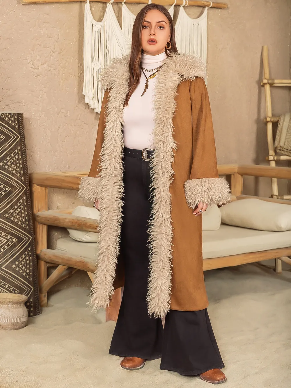Plus Size Furry Trim Open Front Long Sleeve Coat, image 6