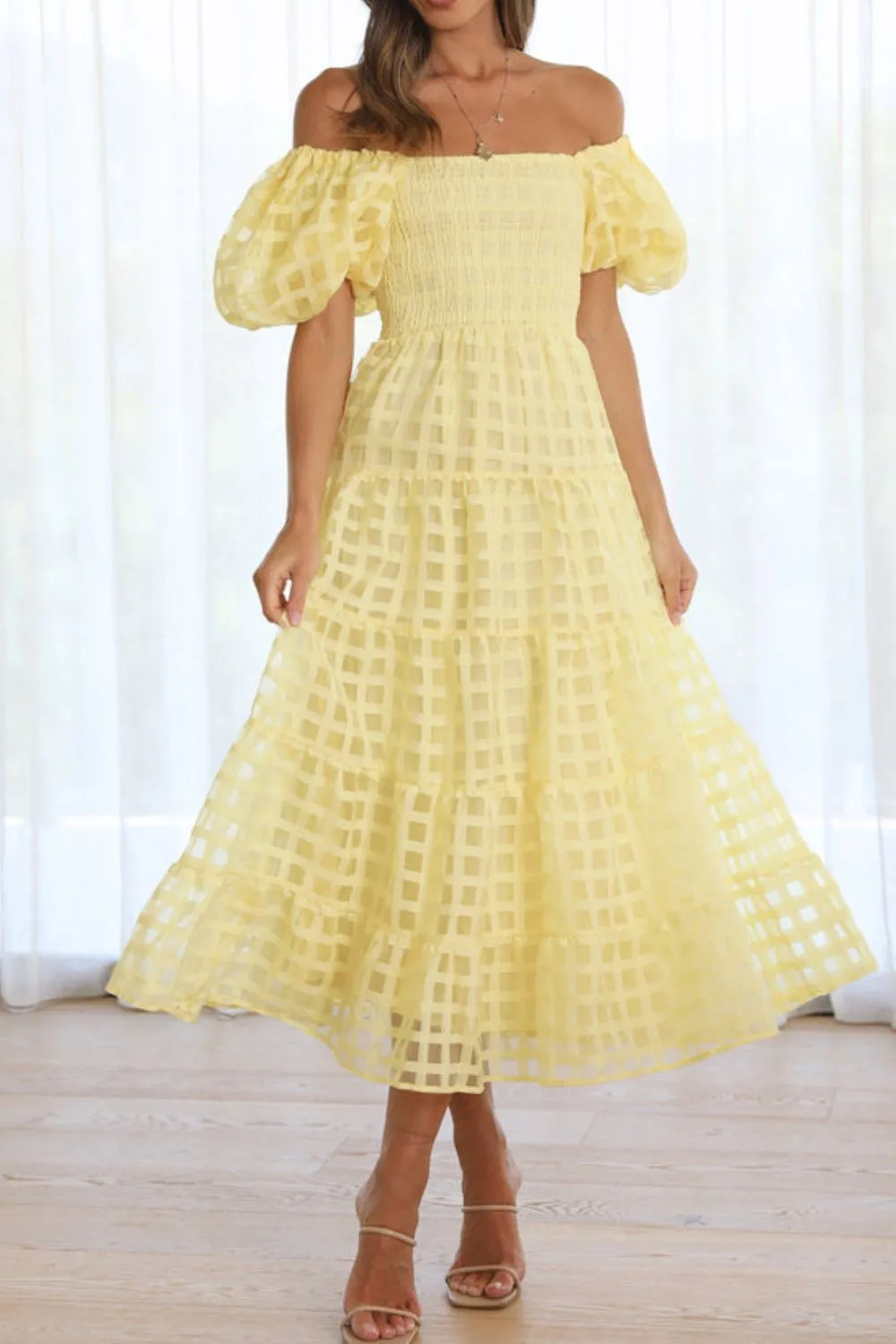 Off Shoulder Short Puff Sleeve Midi Dress, image 22
