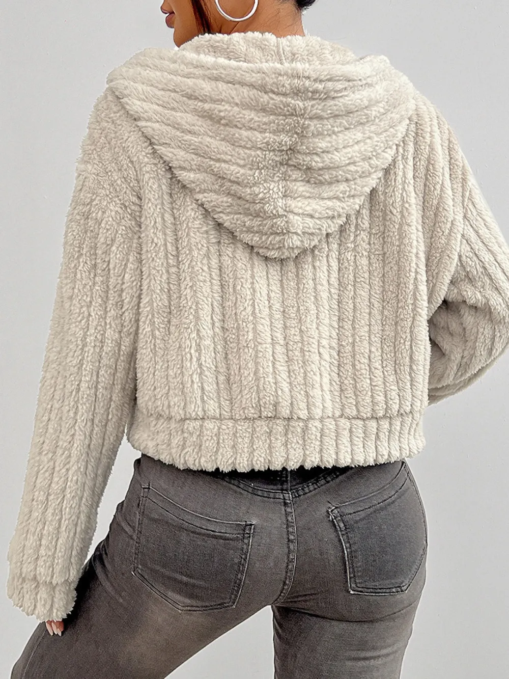 Zip Up Long Sleeve Fuzzy Hooded Jacket, image 3