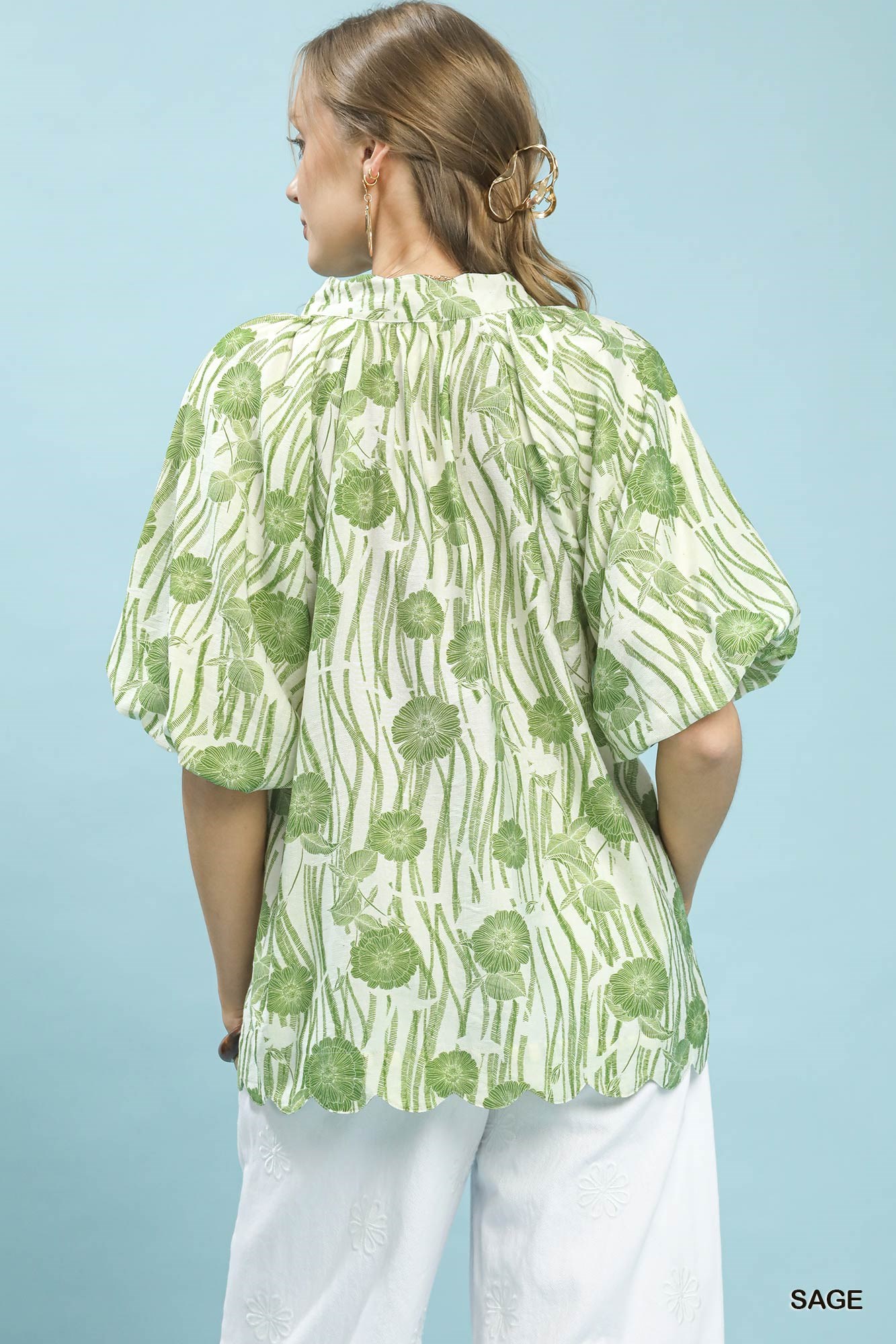 Floral Scalloped Edge Puff Sleeve Blouse with High-Low Curved Hem, image 3