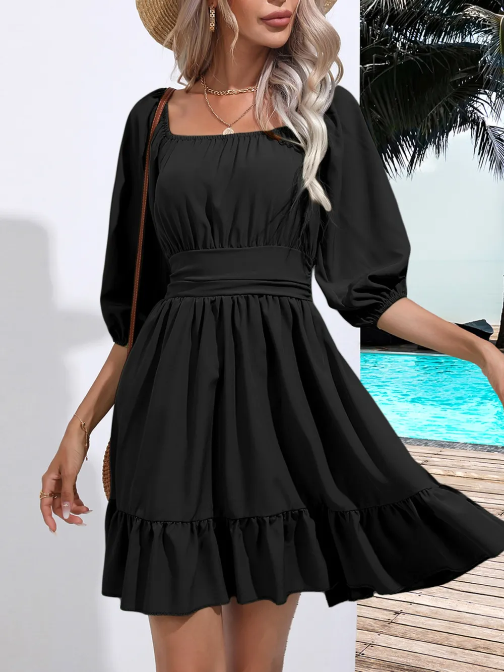 Tie Back Ruffled Hem Square Neck Dress, image 8