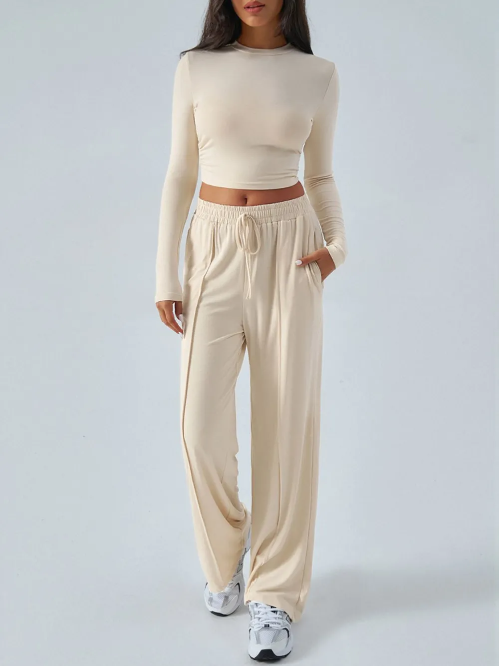 Round Neck Long Sleeve Top and Pants Set, image 2