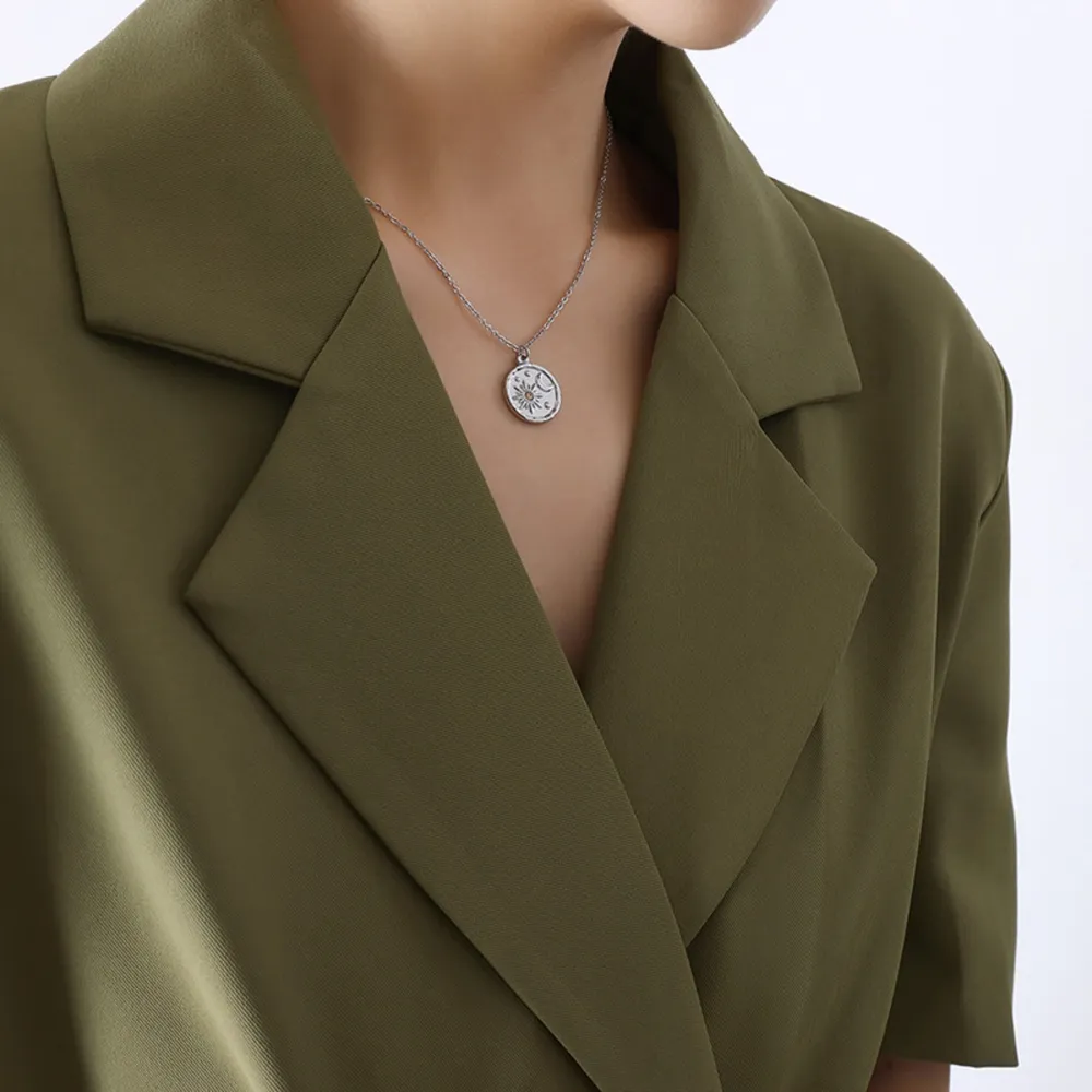 Zircon Titanium Steel Coin Shape Necklace, image 7