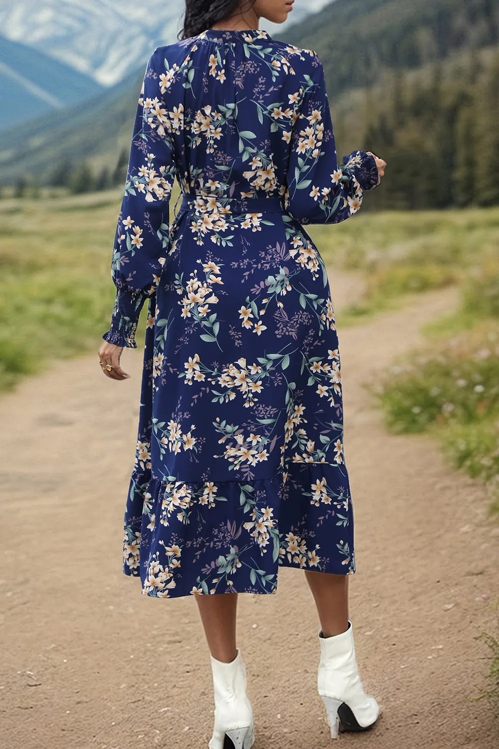 Printed Notched Lantern Sleeve Midi Dress, image 3