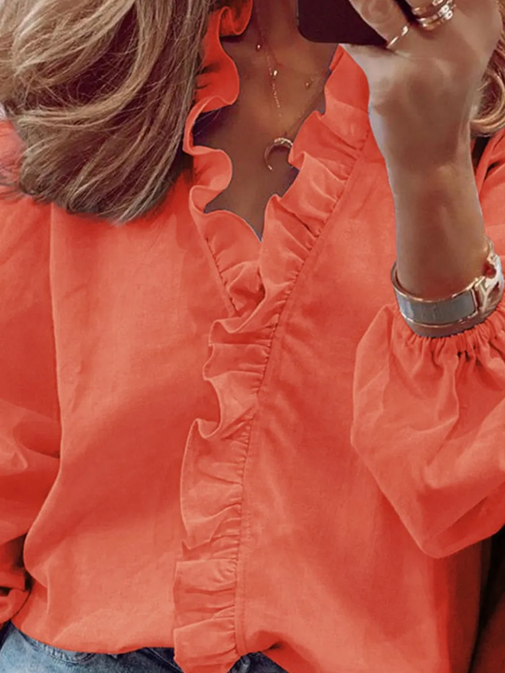 Ruffled V-Neck Long Sleeve Blouse, image 19