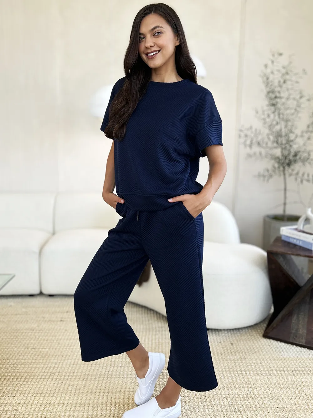 Full Size Texture Short Sleeve Top and Pants Set, image 21