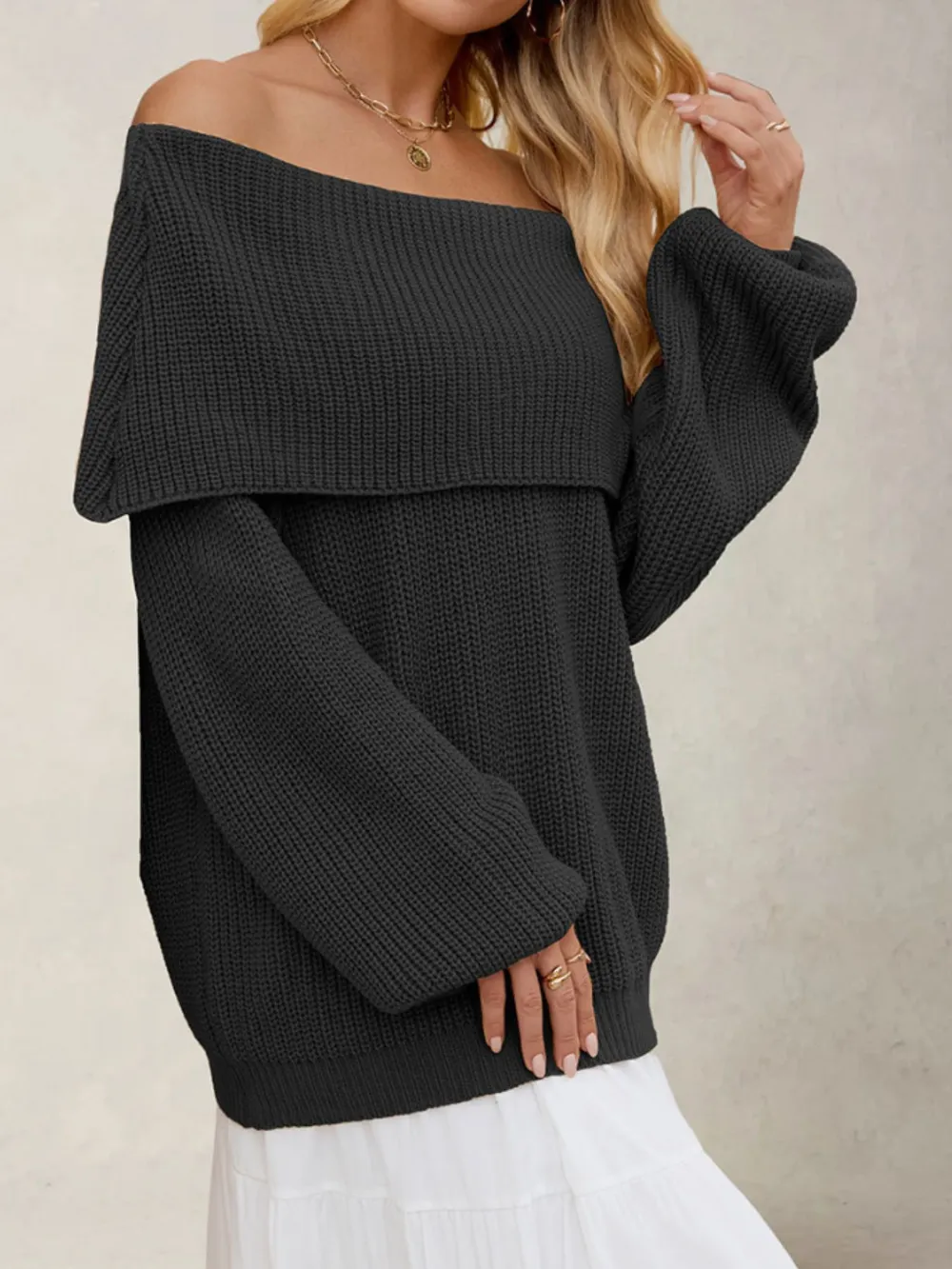 Fold-Over Collar Long Sleeve Sweater, image 13