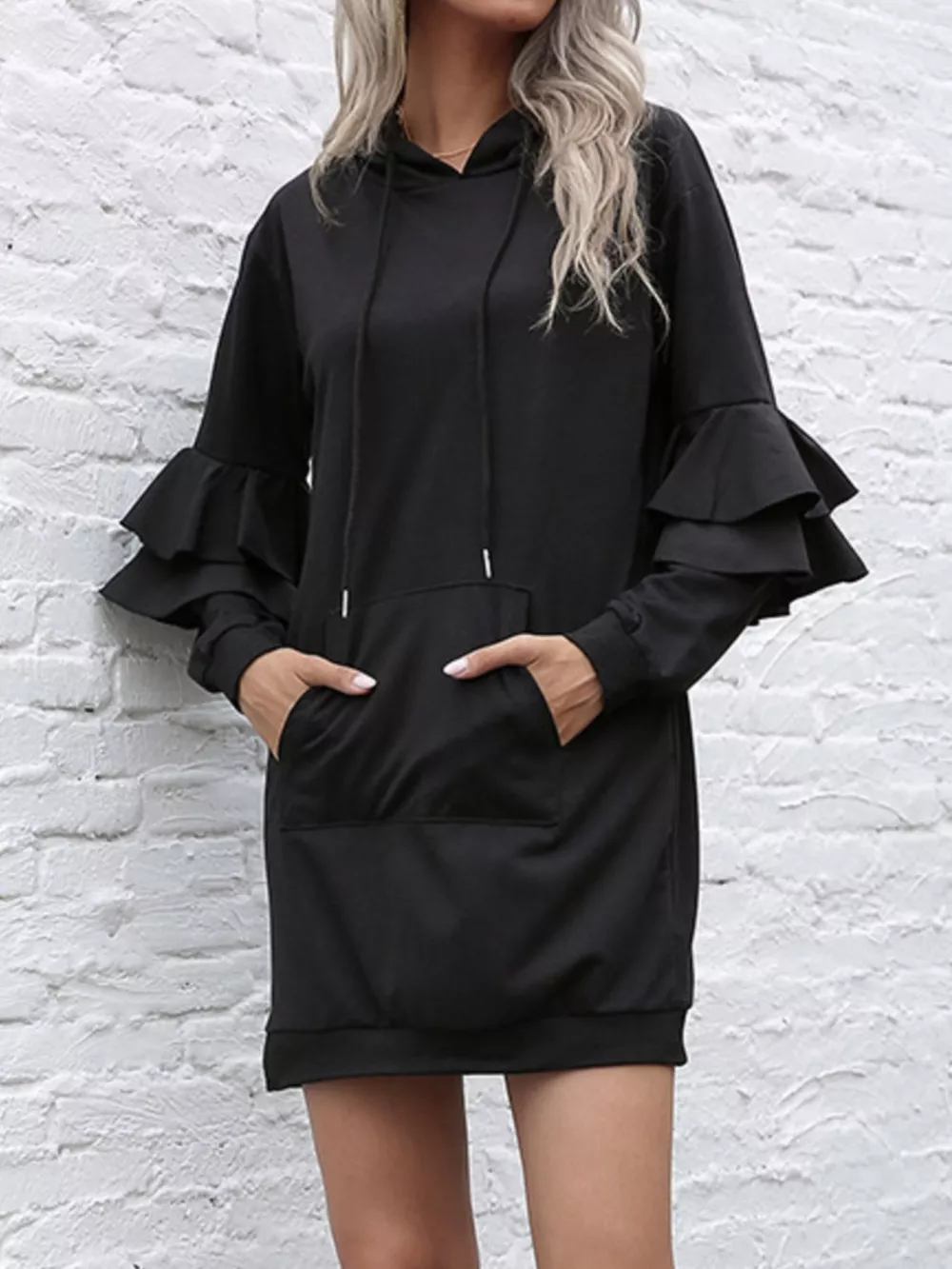 Ruffled Drawstring Long Sleeve Hooded Dress, image 5