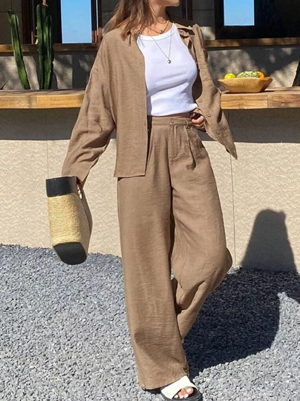 Full Size Relaxed Fit Button Up Shirt and Pants Two-Piece Set Plus Size