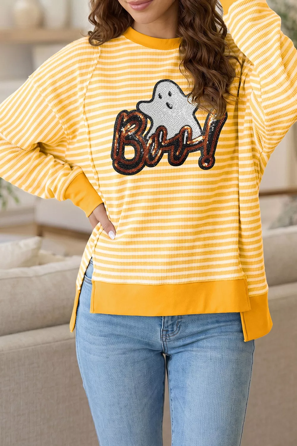 Stripe Boo Sequin Ghost Halloween Split Hem Long Sleeve Top, image 3