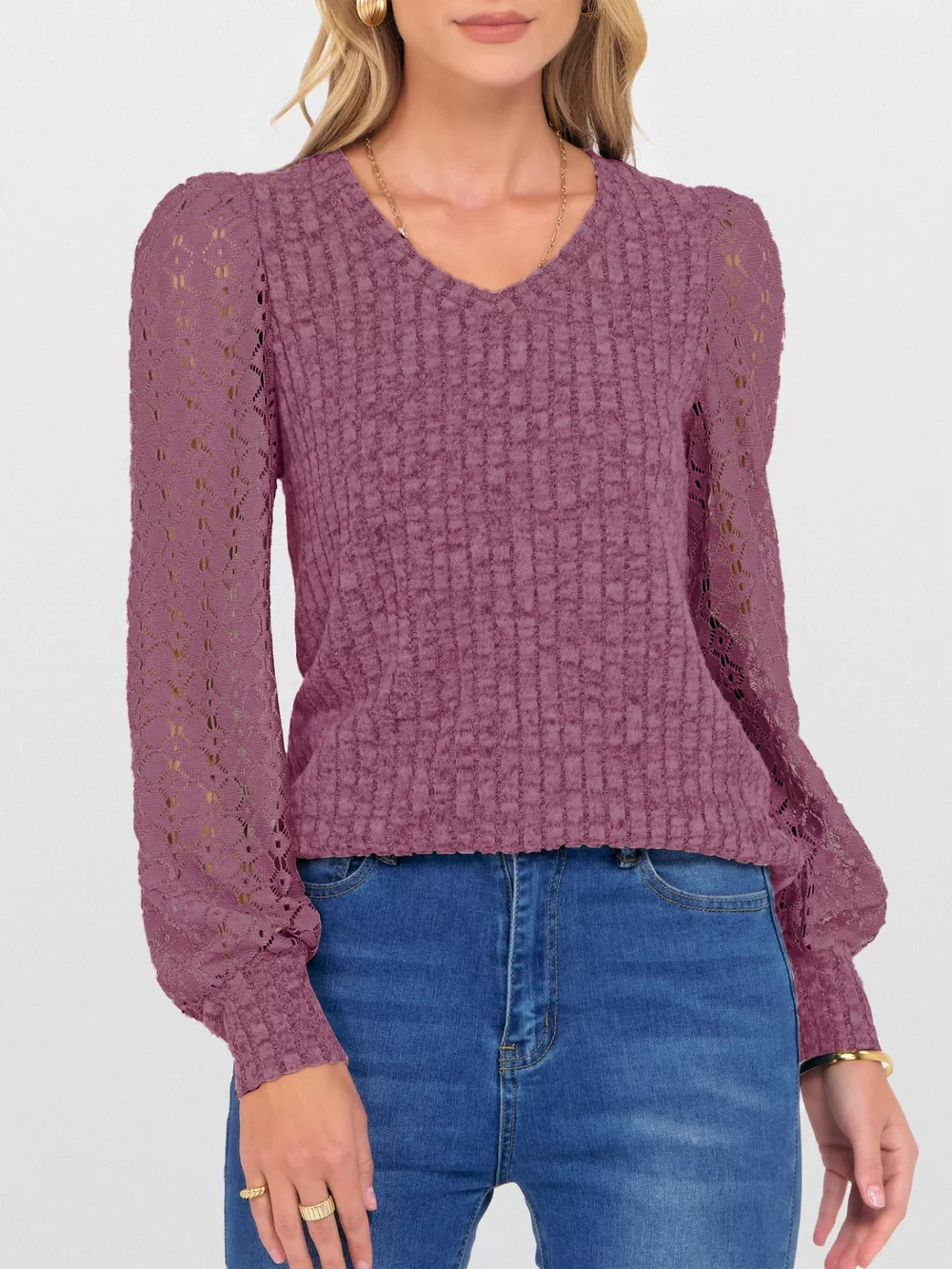 Lace Sleeve V-Neck T-Shirt, image 33