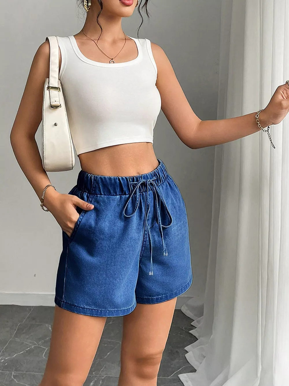 Drawstring High Waist Denim Shorts, image 8
