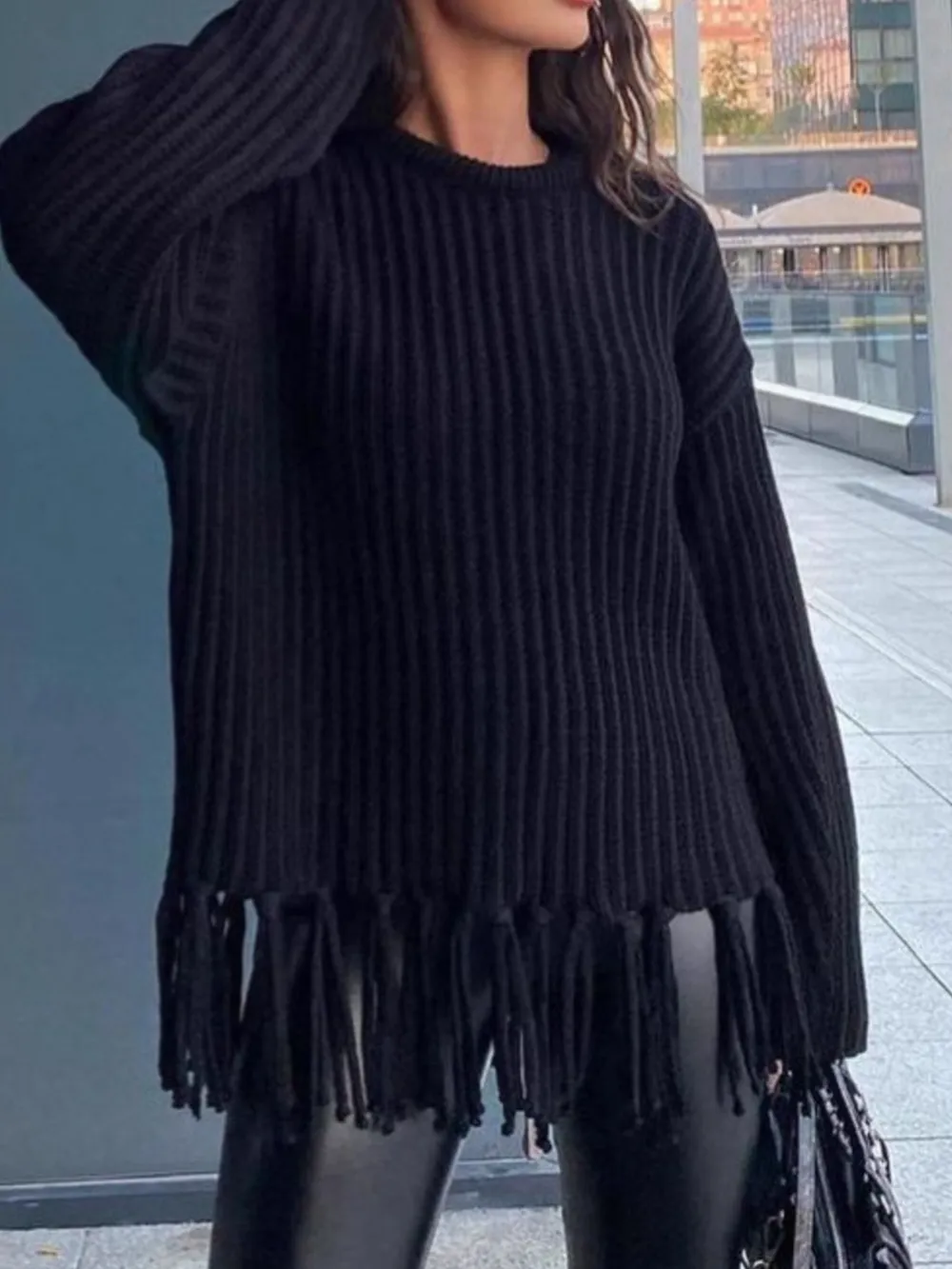 Fringe Round Neck Long Sleeve Sweater, image 3