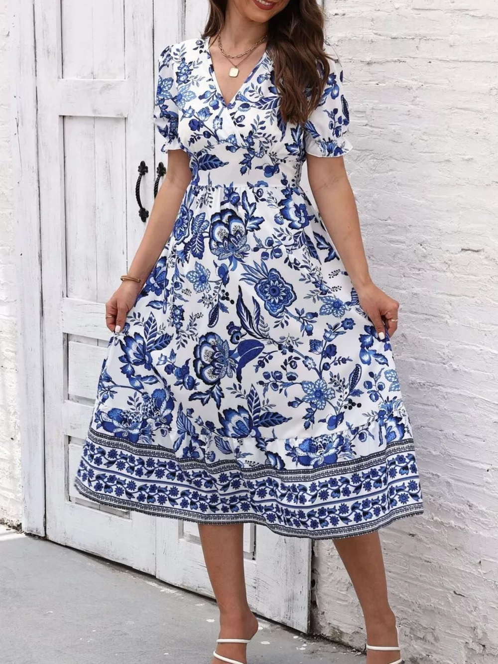 Floral Print Puff Sleeve Wrap Midi Dress, image 3