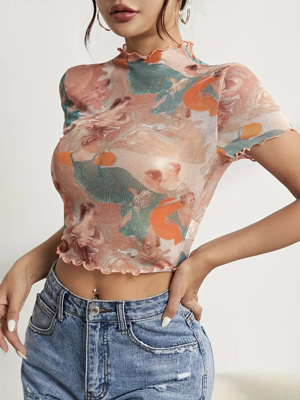 Abstract Print Ruffled Mock Neck Crop T-Shirt, image 5