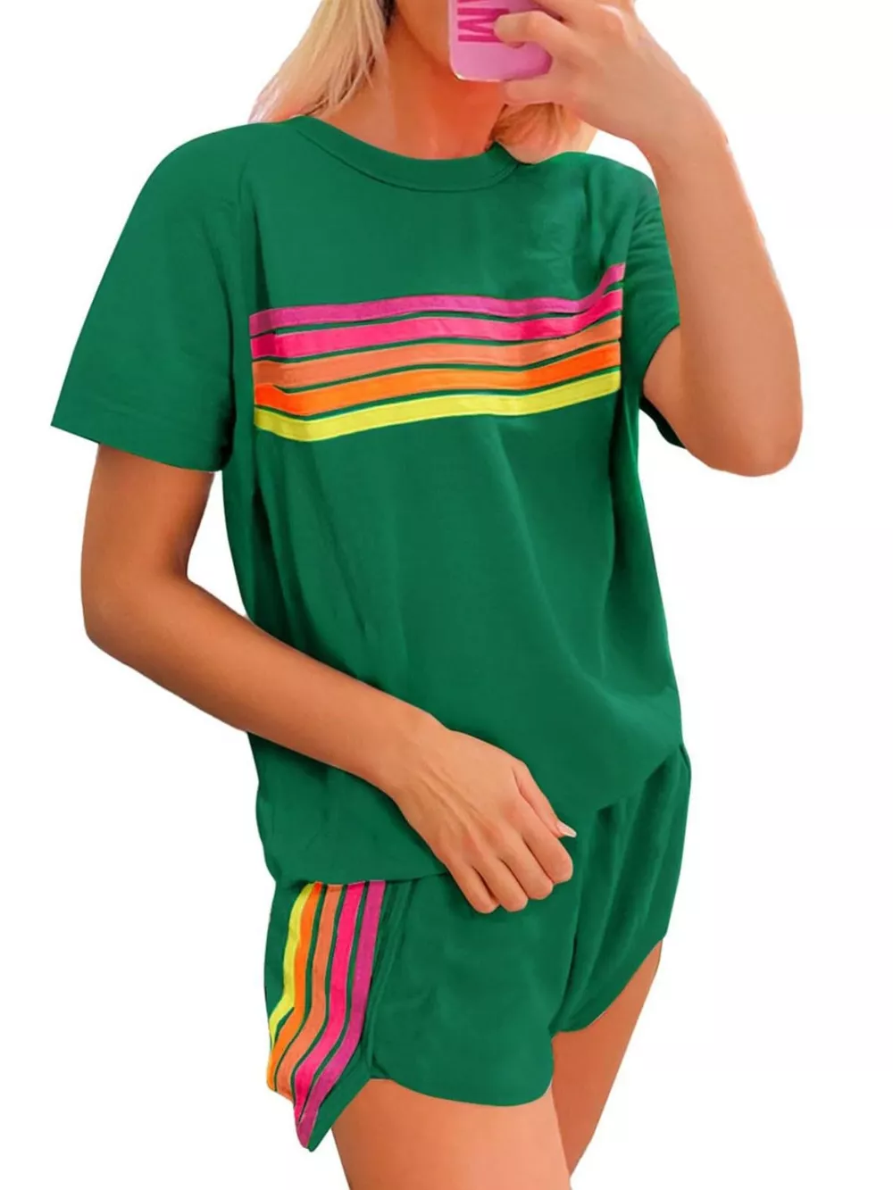 Rainbow Striped Round Neck Top and Shorts Set, image 12