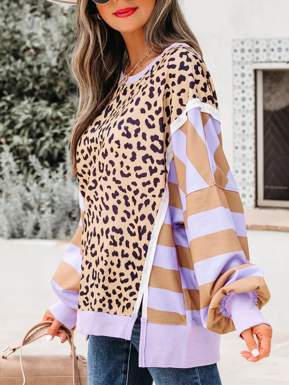Stripe Color Block Patchwork Leopard Casual Sweatshirt with Slits, image 5