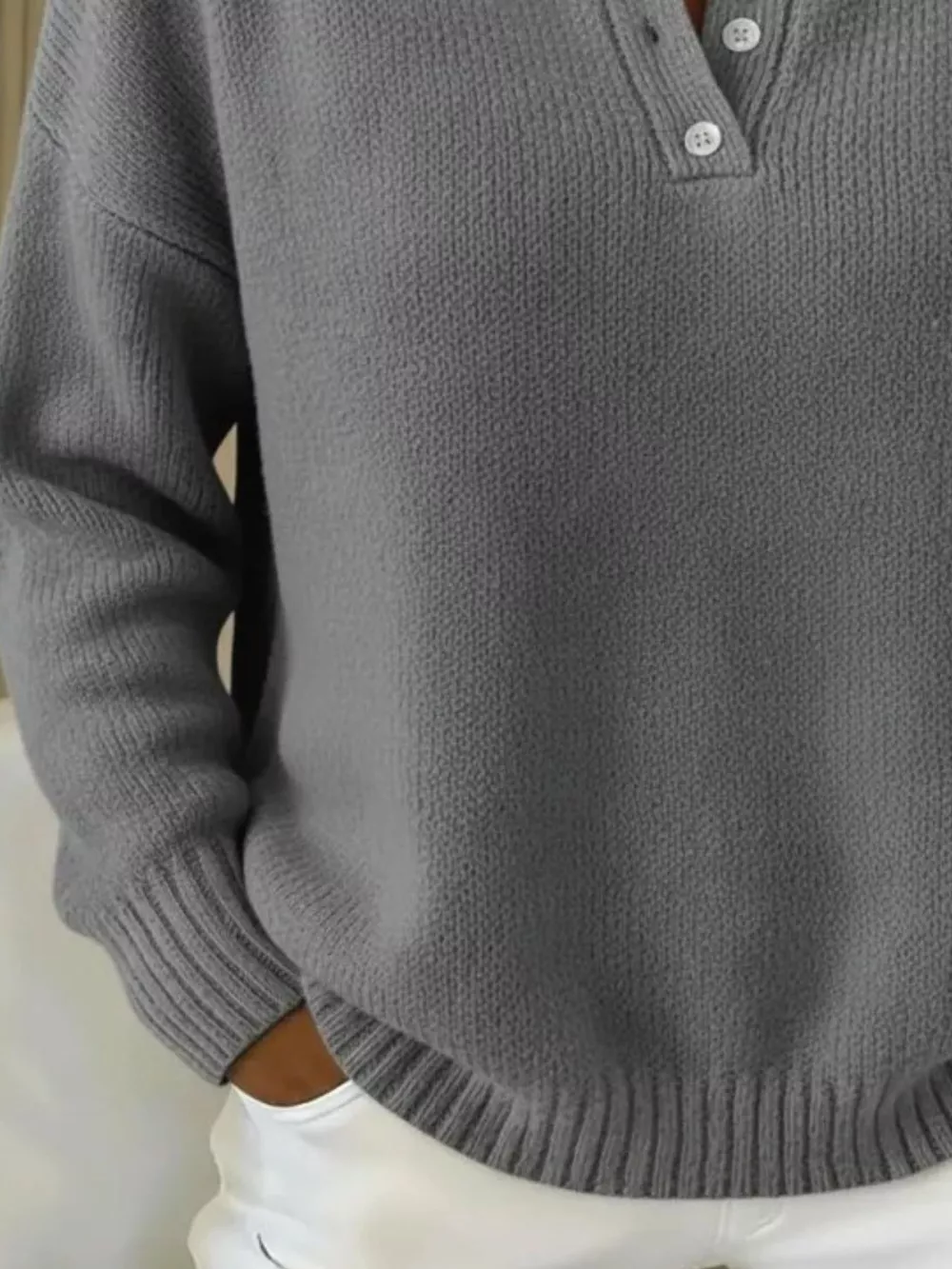 Full Size Button Detail Drop Shoulder Sweater Plus Size, image 15