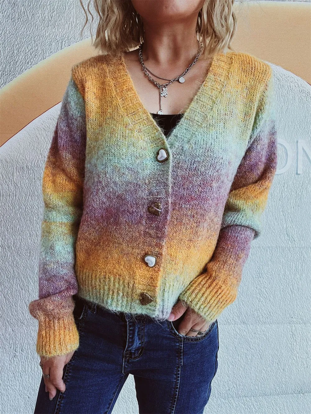 Gradient Heart Shape Button V-Neck Cardigan, image 9