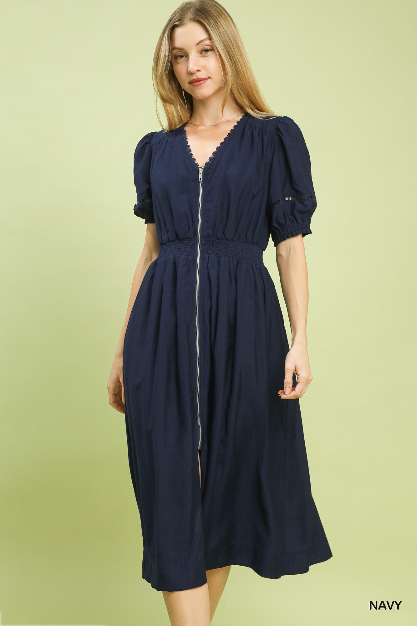 Zip-Front Smocked Waist Midi Dress