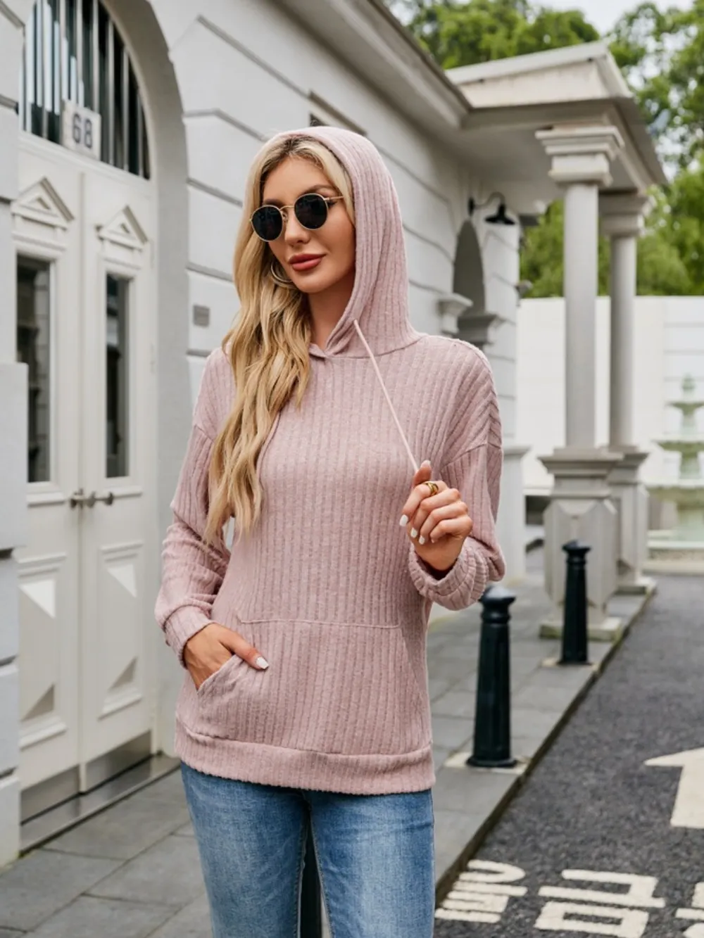 Ribbed Drawstring Long Sleeve Hoodie, image 11
