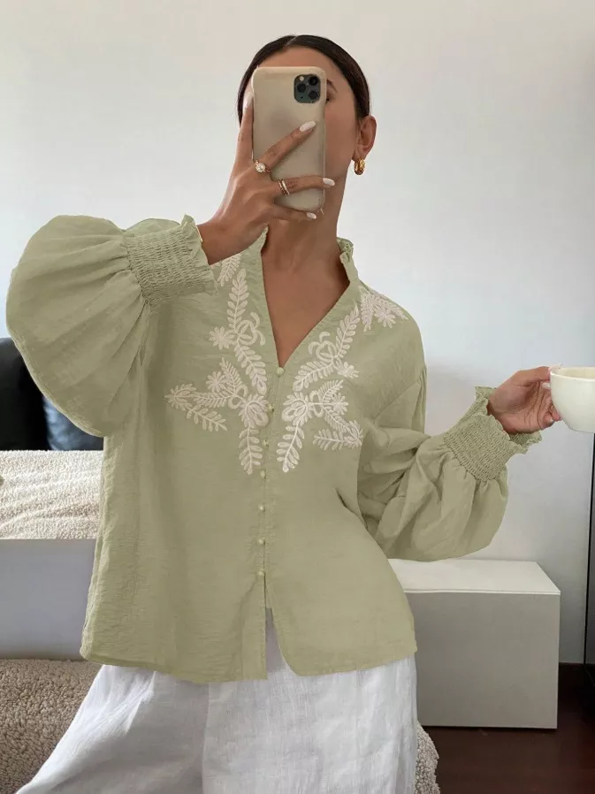 Embroidered Notched Long Sleeve Blouse, image 25